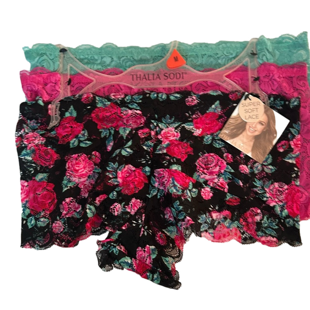 Thalia Sodi Woman’s Sexy Lace Boy-shorts Black & Pink Roses, Mint & Pink 3 Pack